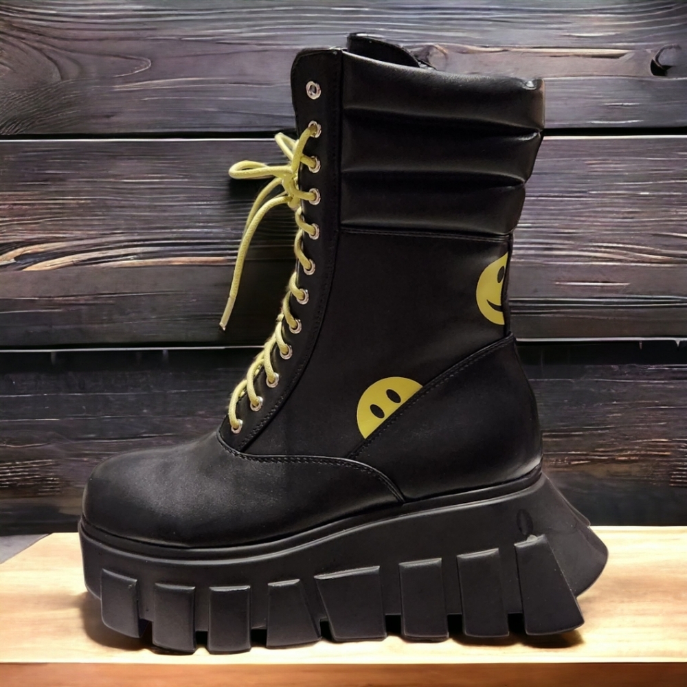 Black Cyberbunk Platform Sneaker Boots with Smiley Face -- ✨️ New Without Tags